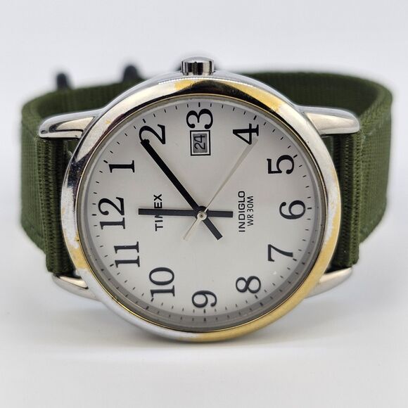 Timex Men's Watch 35MM White Dial Date New Army Green Canvas Bands New Battery - Picture 5 of 13